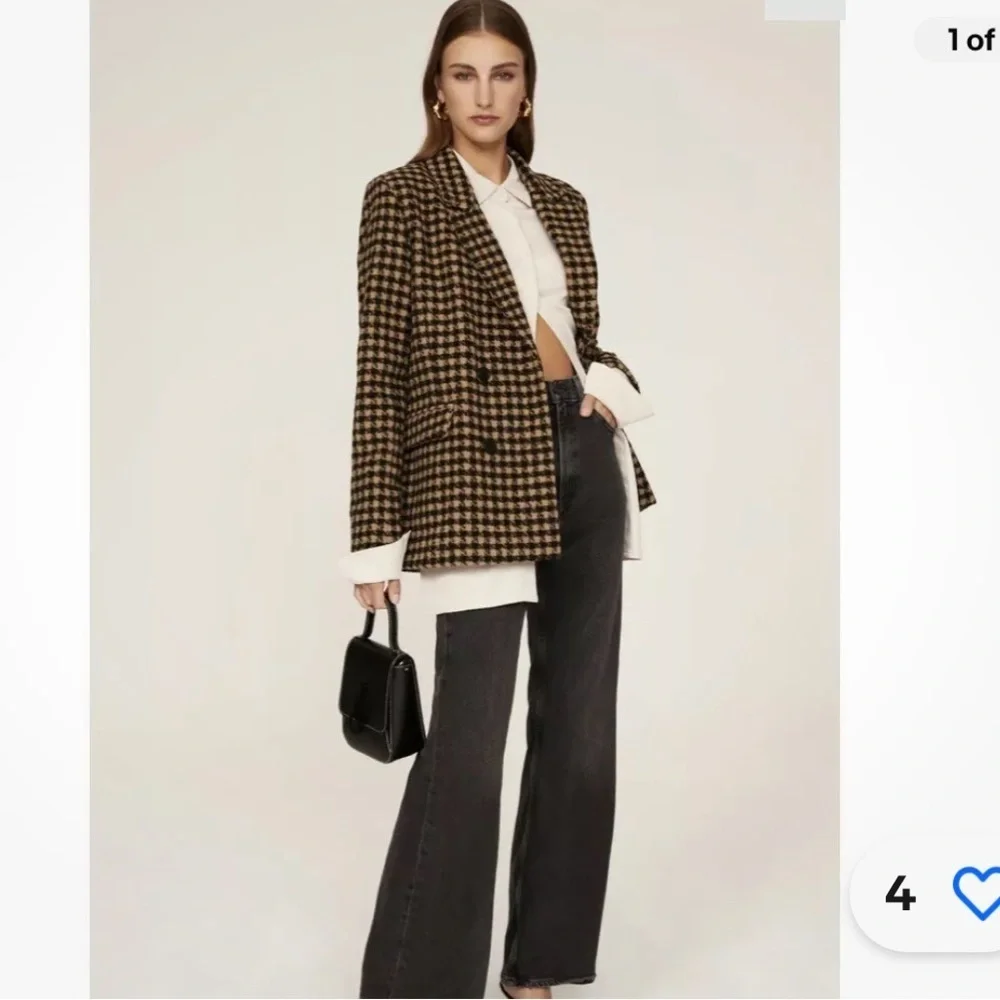 Blank NYC Book Club Houndstooth Double-Breasted Oversized Blazer Tan Black SZ S